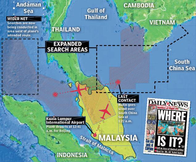 graphic malaysiamap search areas for missing flight mh370 malaysia airlines on ny daily news 12 mar 2014 victoria stafford a psychic investigation linda randall mapping areas