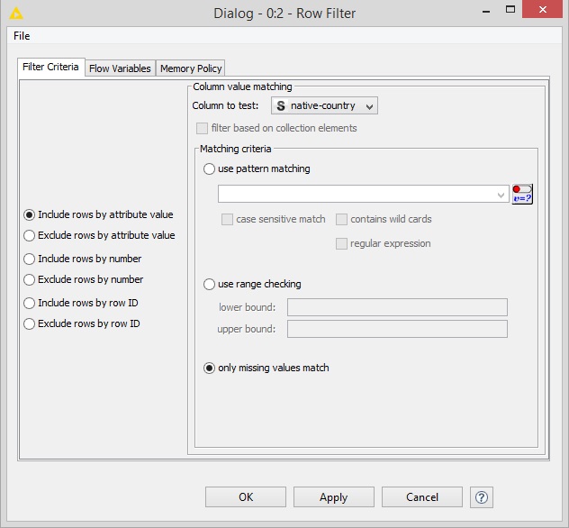 Configuration of Row Filter