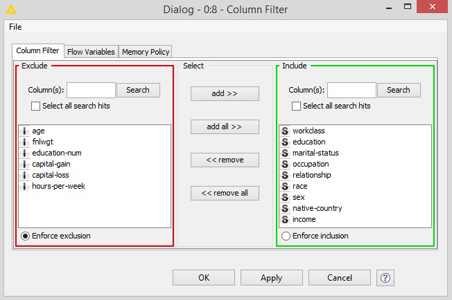 Configuration of Column Filter